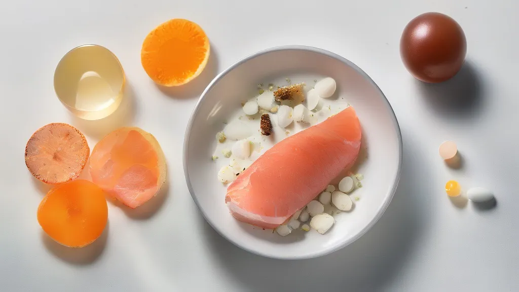 Vitamin B12 capsules beside a small glass vial, salmon, eggs and slices of beef on a bright surface