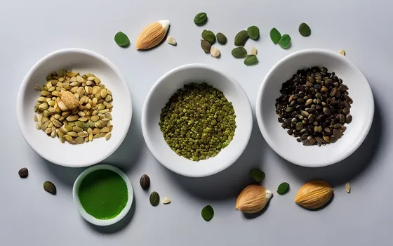 Magnesium capsules and powder in small dishes with pumpkin seeds, spinach, dark chocolate and almonds