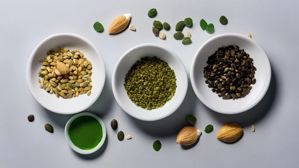 Magnesium capsules and powder in small dishes with pumpkin seeds, spinach, dark chocolate and almonds