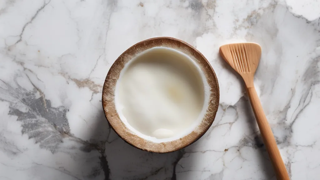 A jar of coconut oil with a wooden spoon, fresh coconut halves and a bamboo toothbrush on a marble surface