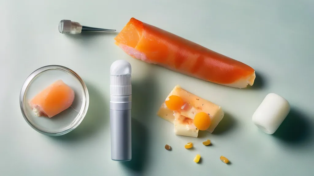 Vitamin D softgel capsules beside a glass vial and syringe, with salmon, eggs and cheese on a bright surface
